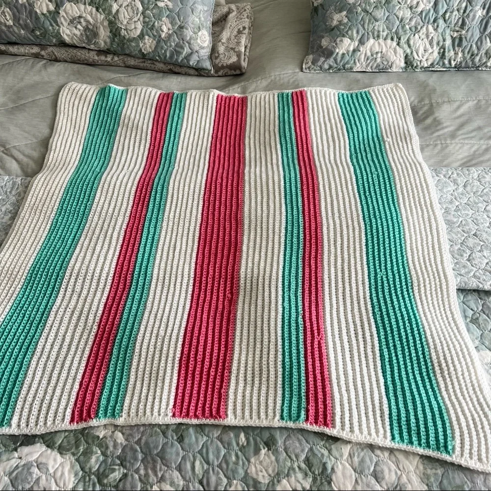 Afghan Blanket Throw Crochet Handmade Pastel Pink White Green Baby Blanket